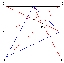 droites menees d'un sommet au milieu d'un côté d'un carré - Médiane de l'un, hauteur de l'autre - copyright Patrice Debart 2003
