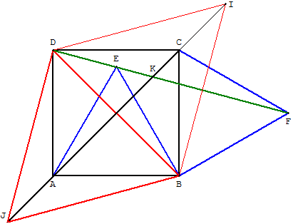 montrer un alignement - carré et deux triangles équilatéraux - copyright Patrice Debart 2012