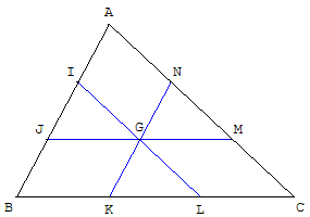 trois droites concourantes au centre de gravite d'un triangle - copyright Patrice Debart 2002