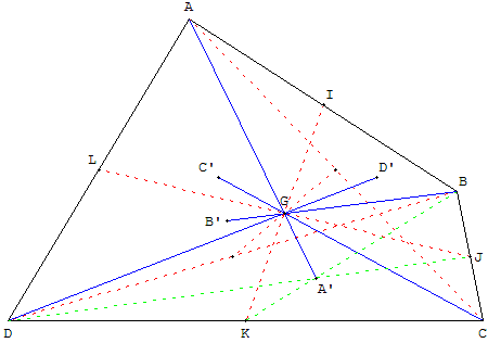 4 droites concourantes joignant les sommets d'un quadrilatere aux centres de gravite de triangles - copyright Patrice Debart 2002