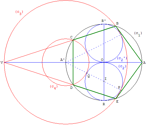 construction du pentagone regulier par trois cercles tangents - copyright Patrice Debart 2003