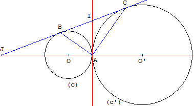 geometrie du cercle - tangente commune a 2 cercles tangents - copyright Patrice Debart 2004
