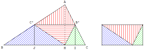 aire du triangle - rectangle comme pliage du triangle selon les droites des milieux - copyright Patrice Debart 2008