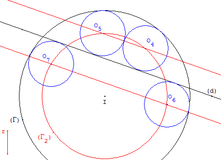 probleme de construction - 4 cercles de rayon donne tangent interieurement a une droite et a un cercle - copyright Patrice Debart 2003
