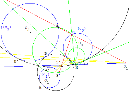 probleme de contact - 3 cercles tangents dans un cercle - copyright Patrice Debart 2006