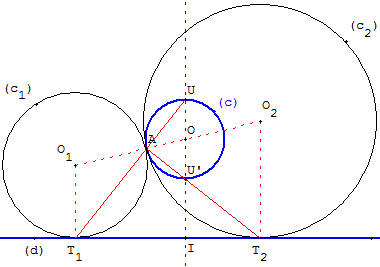 probleme de contact - cercle passant par un point tangent a une droite et a un cercle - copyright Patrice Debart 2006