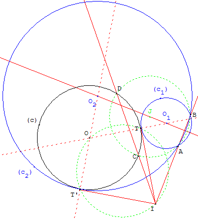 probleme de contact - cercle tangent a un cercle passant par 2 points - copyright Patrice Debart 2006