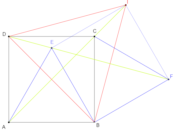 Montrer un alignement dans un carré et trois triangles équilatéraux - copyright Patrice Debart 2019